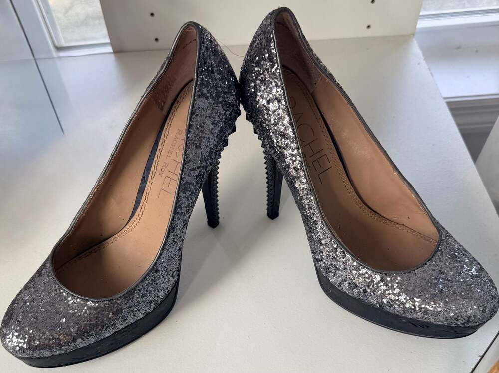 RACHEL Rachel Roy Gunmetal Glitter Platform Pumps with Studded Spike Heel Size 8